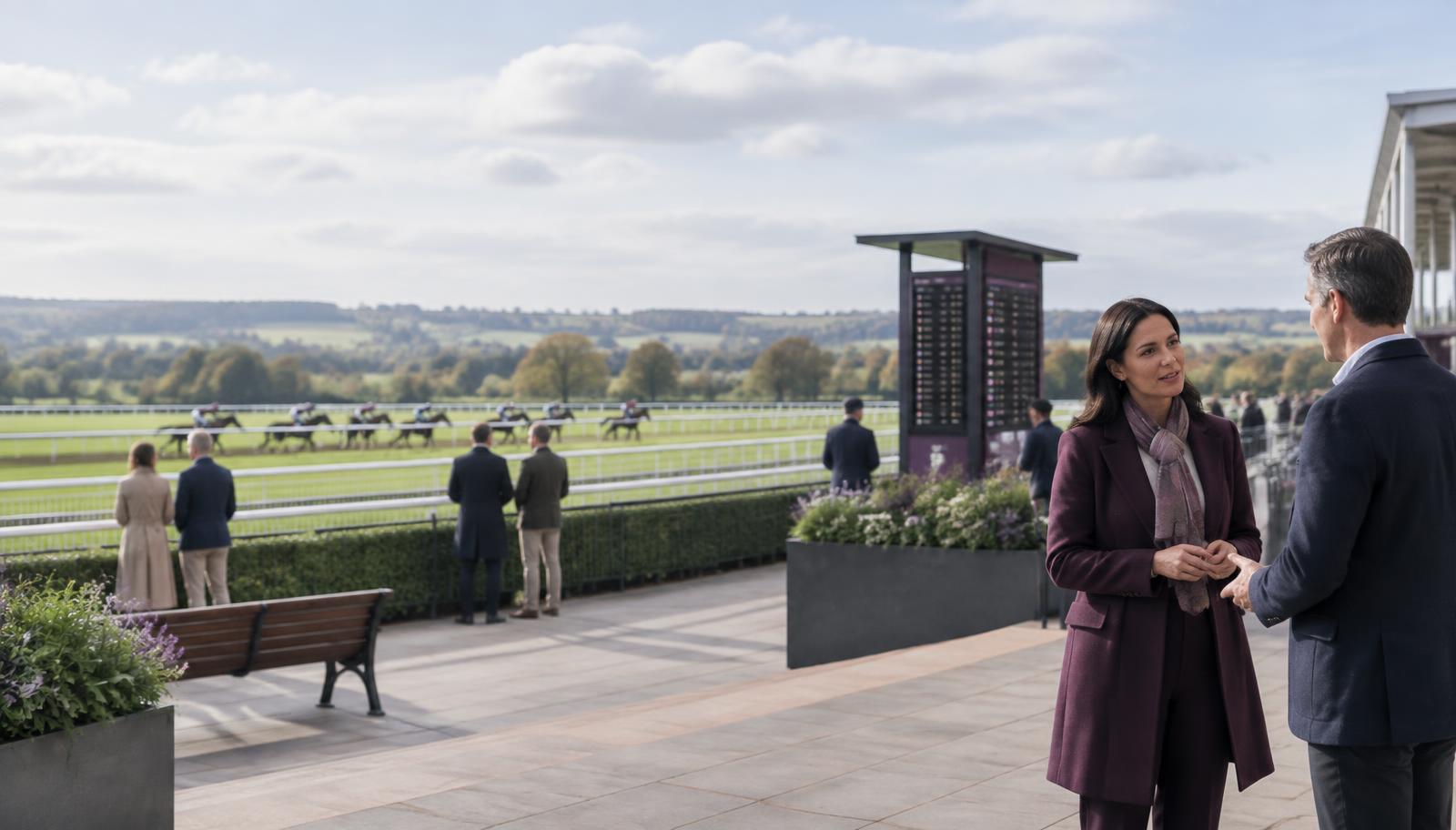 Professionals discussing matters at a British racecourse