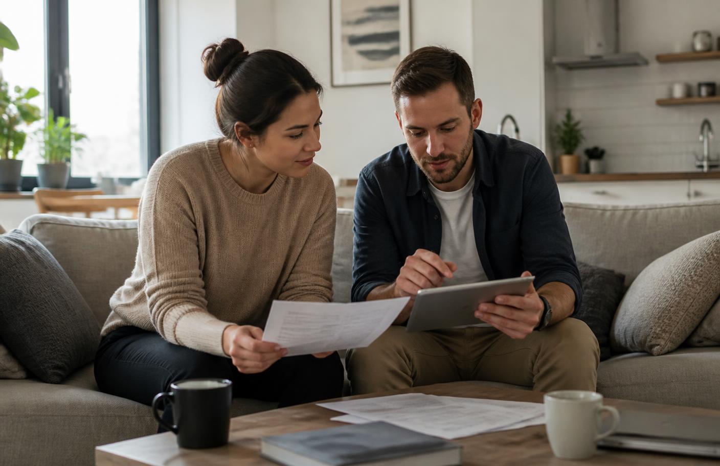 A couple reviewing paperwork and a tablet together at home