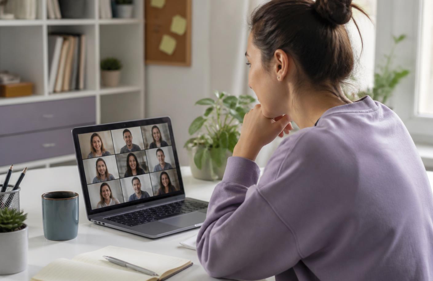 A person taking part in an online mediation meeting from a bright home office