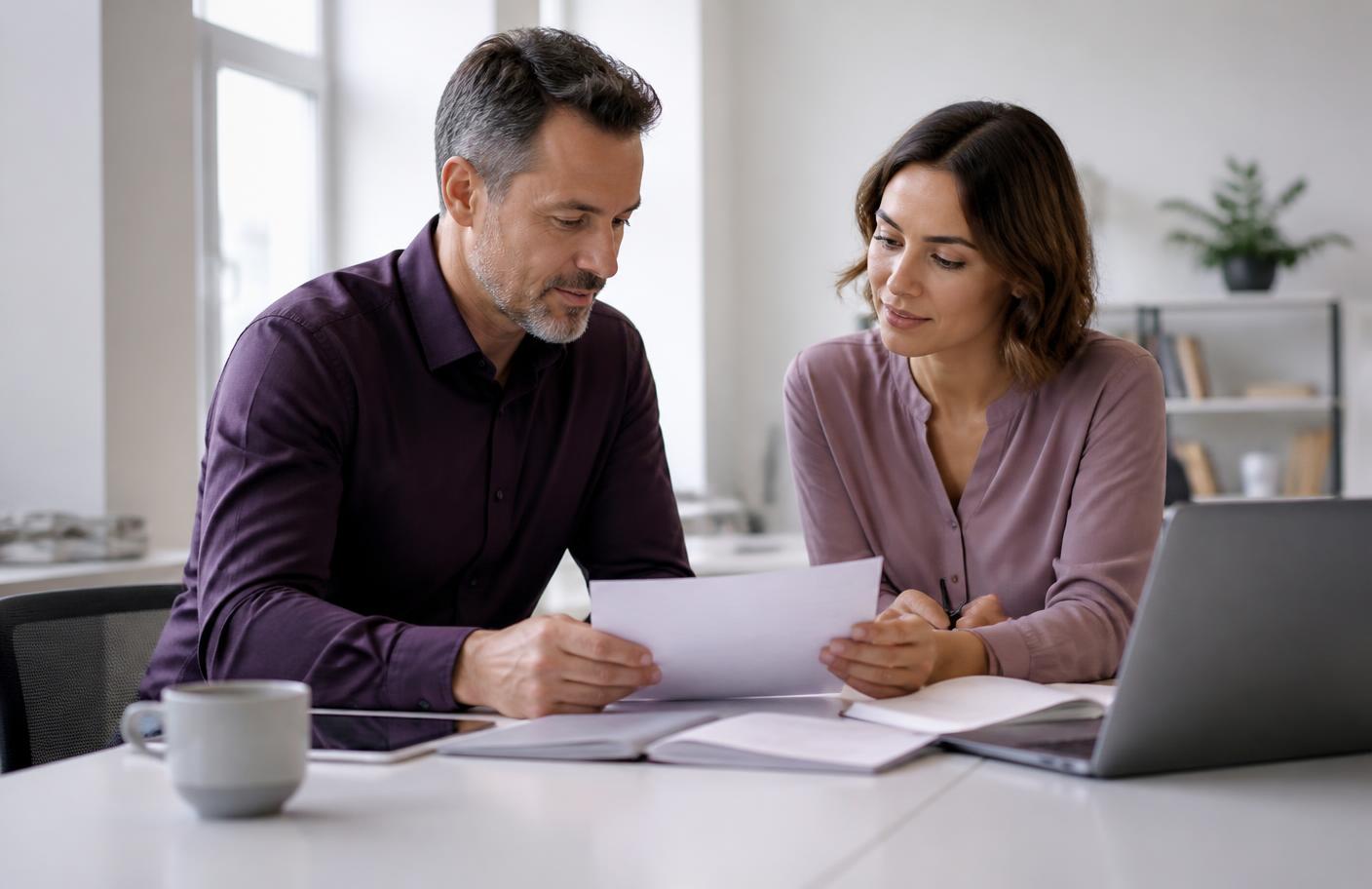 Two colleagues reviewing complaint documents together in a modern office