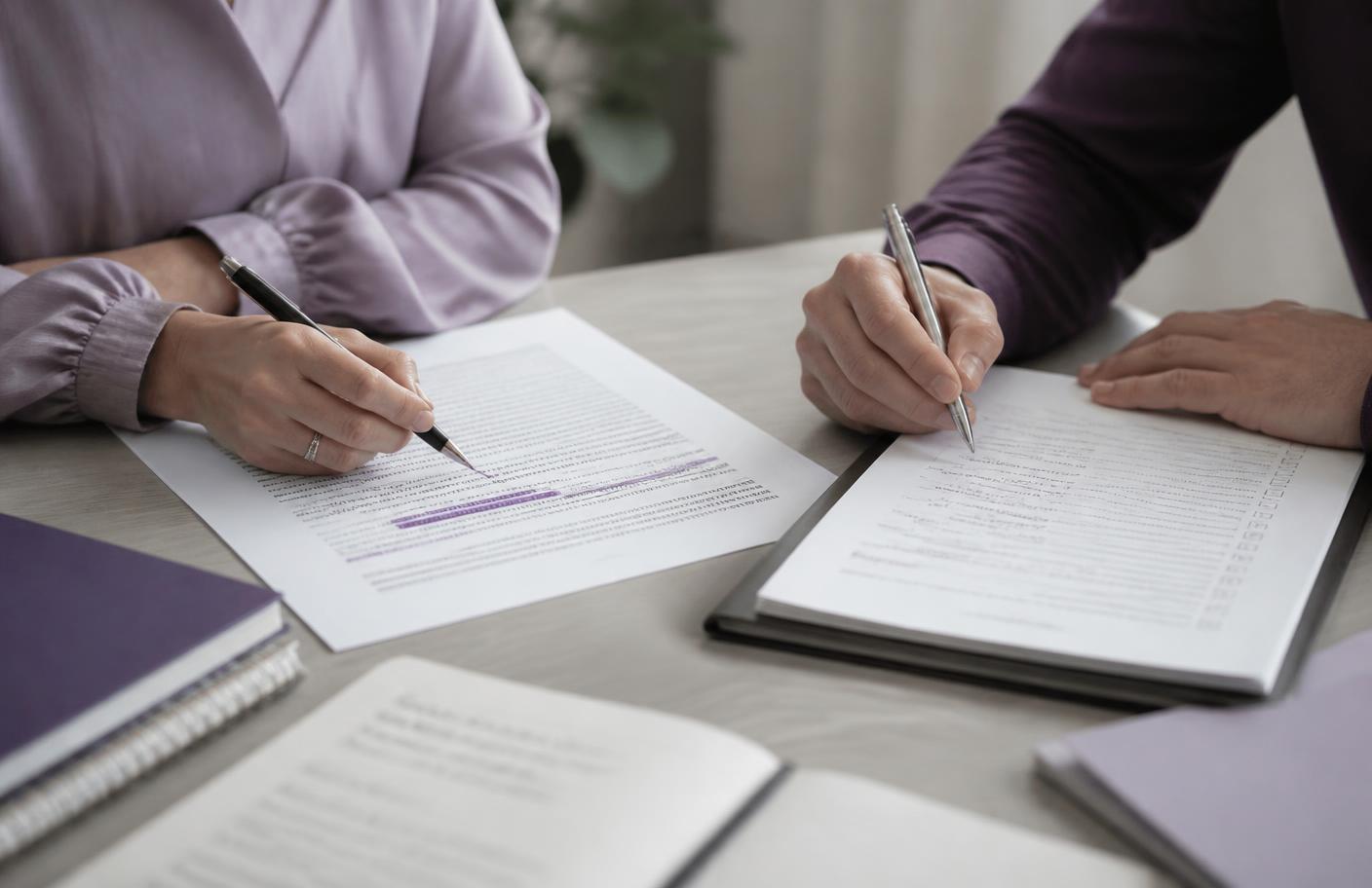 Two people annotating printed documents together at a desk